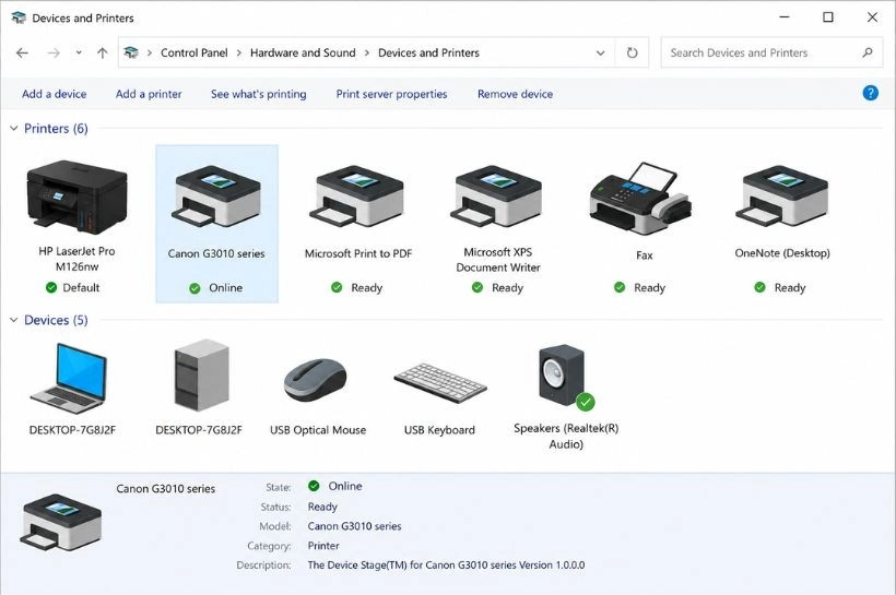 Printer settings and offline status example