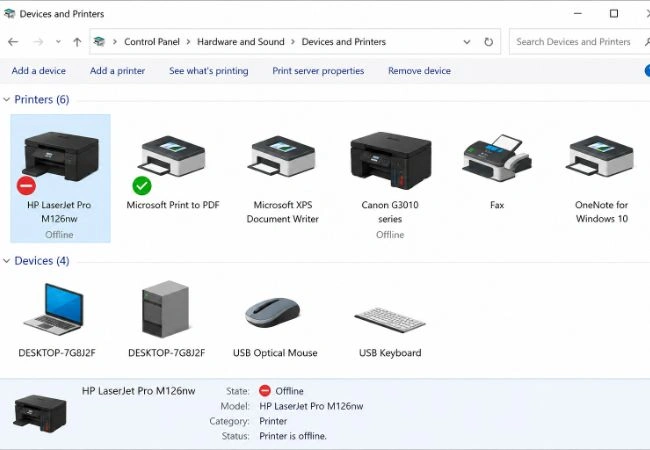 Printer offline status shown in printer settings